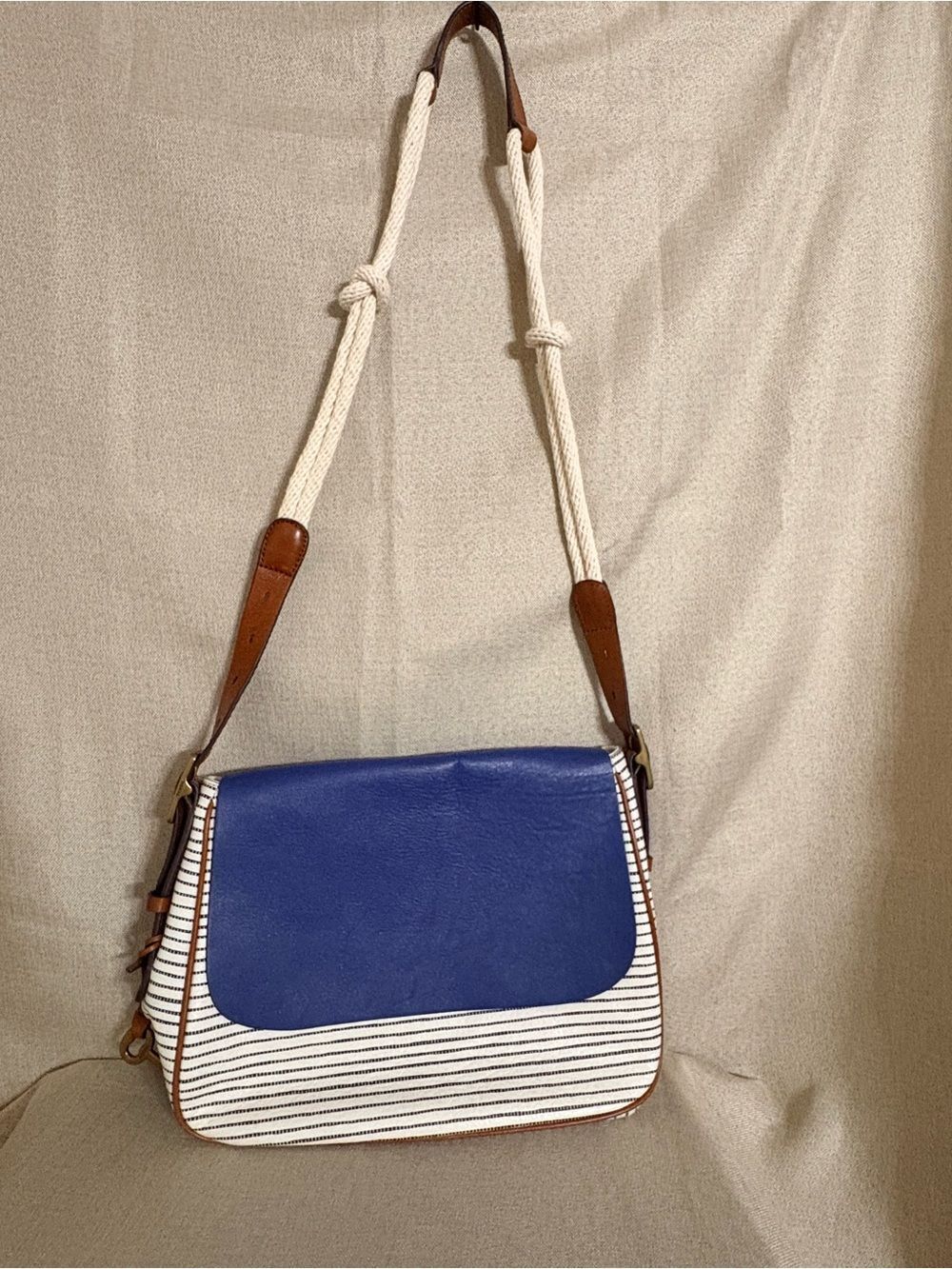 Fossil Cowhide Leather Nautical Stripe Shoulder Bag Blue White Adjustable Strap